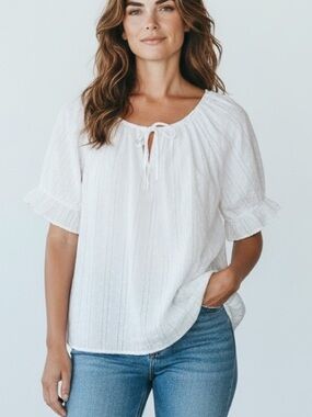 LAND N SEA | Women’s Cotton Swiss Dot Eyelet Keyhole Tie Top Blouse L Breathable
